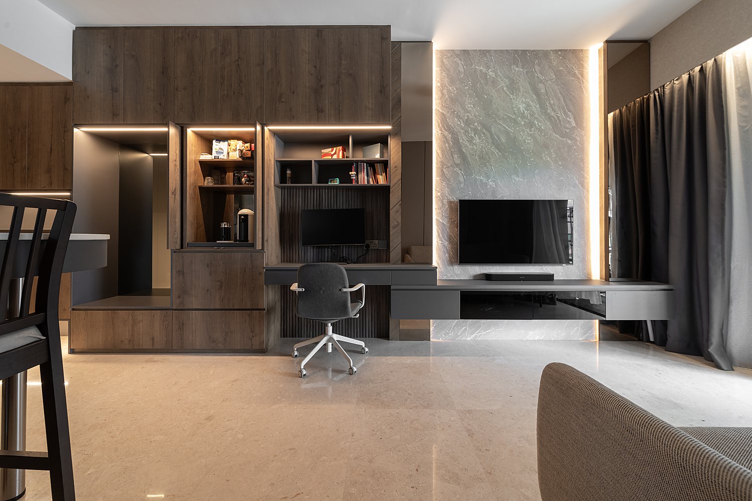 Moody tailored interior with fluted timber by Creo Studio