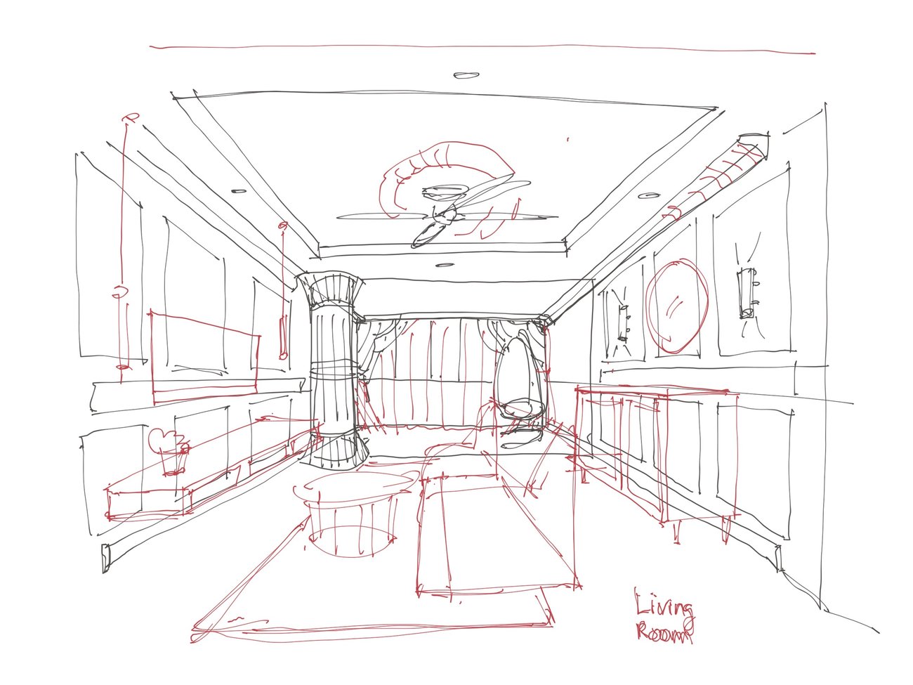 Hand-drawn living room concept sketch by Creo Studio